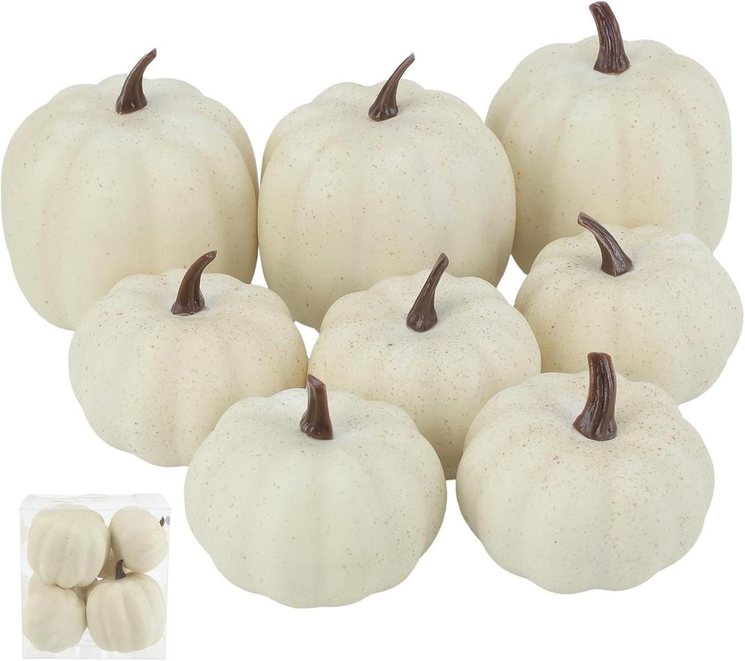 Fake Pumpkins, 8 Pcs White Artificial Pumpkins, Plastic Pumpkins for Thanksgiving Party Table Centerpiece Autumn Home Decoration-B (Cream)