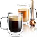 Double Walled Glass Coffee Mugs 16 OZ, Borosilicate Glass Coffee Cups Set of 2 with Spoons, Insulated Clear Coffee Mug for Hot Beverages, Cappuccino, Latte, Tea Bag.