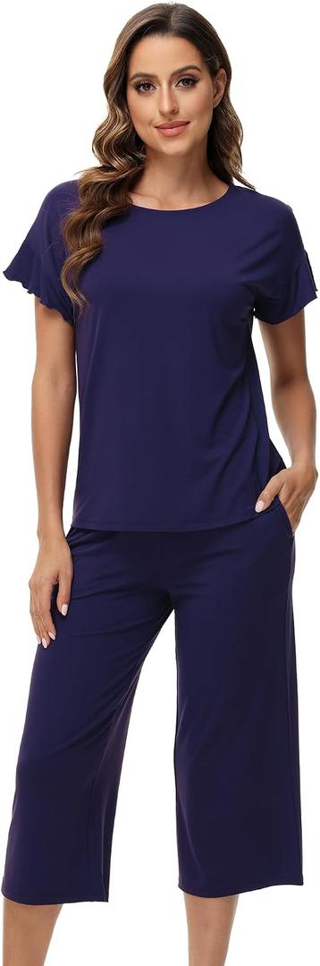 WiWi Woman Short Sleeve Top with Capris Pants Sets Soft Loose Pajamas Set Casual-Viscose from Bamboo, Navy, Medium