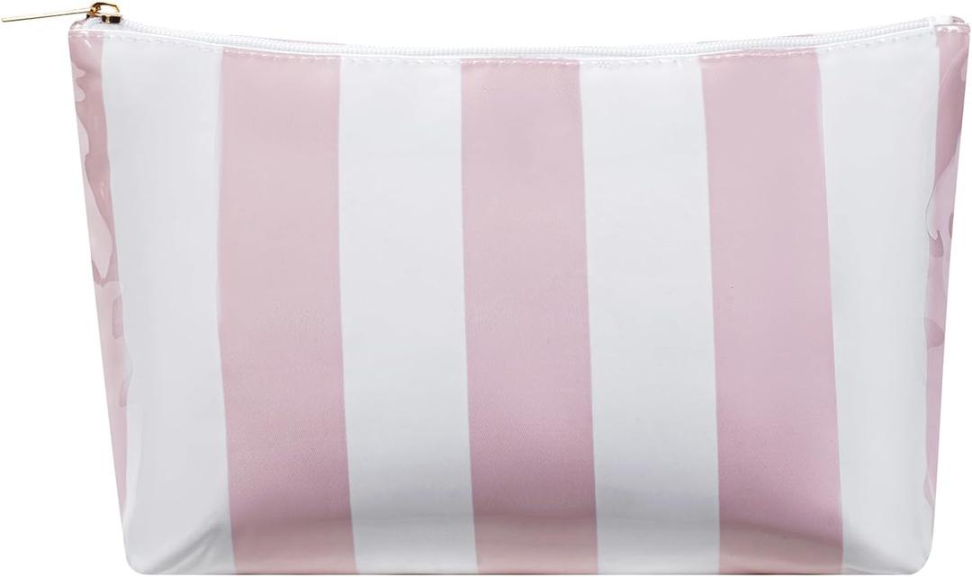 Large PVC Waterproof Striped Makeup Bag,Clear Coated Cosmetic Bags,Easy to Clean,Travel Organizer Zipper Pouch Beach Vacation Essentials for Women Girls(01Pink)