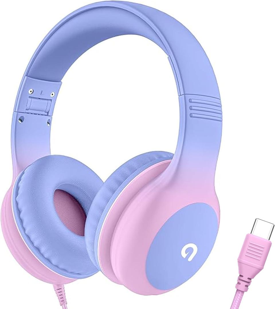 Wired Kids Headphones with USB C Plug, 85dB Safe Volume, Adjustable Headband, Tangle-Free Cord Headphones for School, Tablet, Travel (Light Purple & Pink, Without Microphone)