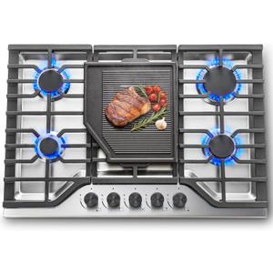 SNDOAS 30 Inch Gas Cooktop, 5 SABAF Burners 47400 BTU Built-in Gas Stove Top with 22000 BTU Triple Ring Wok Burner, Cast Iron Griddle, Stainless Steel Top, NG/LPG Convertible, Knob Control