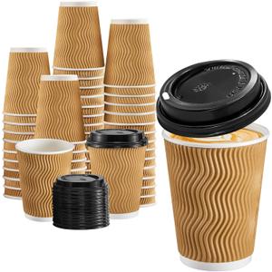 Lamosi 100 Pack 12 oz Insulated Disposable Paper Coffee Cups with Lids, To Go Coffee Cups with Lids, Corrugated Ripple wall Cup for Hot Drink (Champagne)