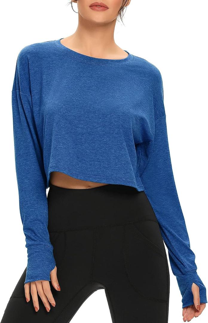 Long Sleeve Crop Top for Women Loose Workout Thumb Hole Tops (Blue, XL)