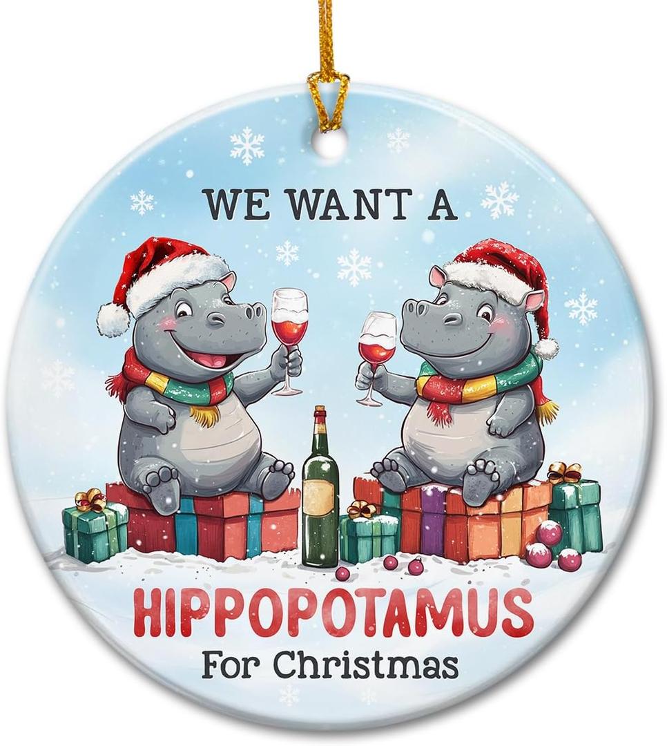 7 x Hippo Christmas Ornament 2025 - We Want A Hippopotamus for Christmas Ornament, Hippo Gifts for Women, Men, Funny Ceramic Animal Ornaments for Friends, Couples, Animal Lovers Gift Ideas