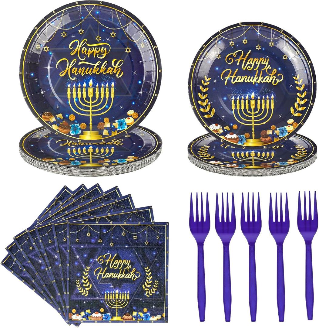 Konsait 80Pcs Hanukkah Plates and Napkins Set - Serve 20 Guests Blue and Gold Happy Hanukkah Plates Paper Goods Party Supplies