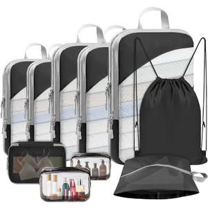 10 Set Compression Packing Cubes, Lightweight Travel Essentials, Stretchable Expandable Storage Bags, Compression Bags for Travel Accessories Luggage Storage Set (10 Pcs, Black)