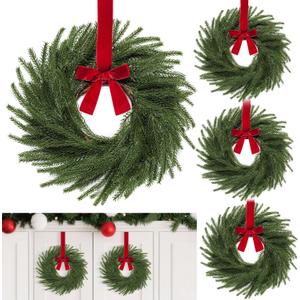 4 Pack 11 Inch Mini Christmas Wreath Small Christmas Kitchen Cabinet Wreaths with Red Velvet Bow Artificial Norfolk Pine Wreath Outdoor Christmas Wreaths for Windows Door Chairs Wall Stairs Home Decor