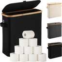 Toilet Paper Storage Basket with Lid for Mega Rolls, Large Bamboo Toilet Paper Organizer Holder Stand for Bathroom, Enclosed Tissue Storage Bin Box Container Free Standing, Black
