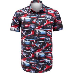 Men's Food Cars Print Shirts Hawaiian Short Sleeve Casual Tropical Funky Button Down Shirt (L)
