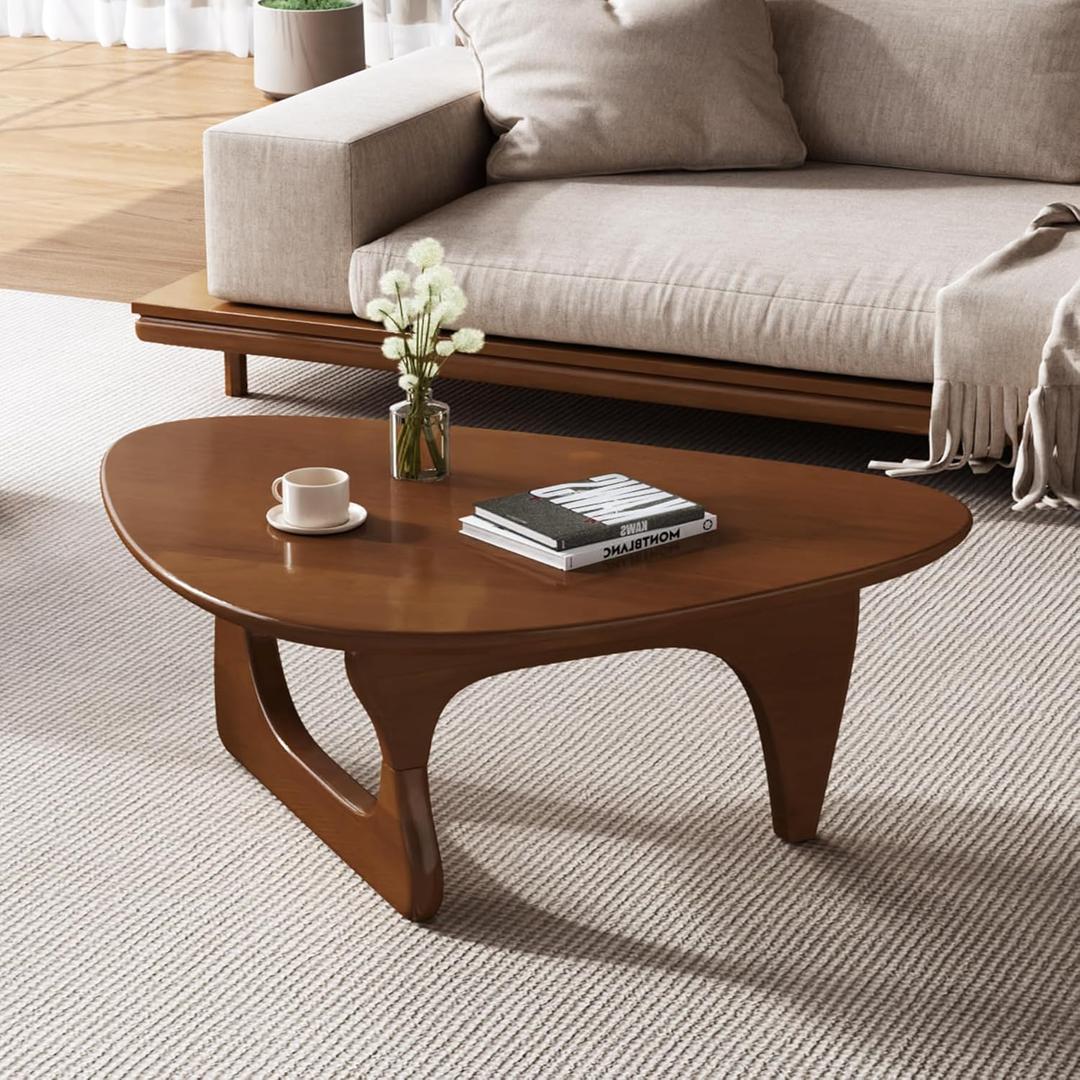 Wood Coffee Table, Mid Century Modern Triangle Coffee Table for Living Room, Rustic Solid Wood Legs and Tabletop, Farmhouse Walnut Accent Center Table for Small Spaces (35.5in)