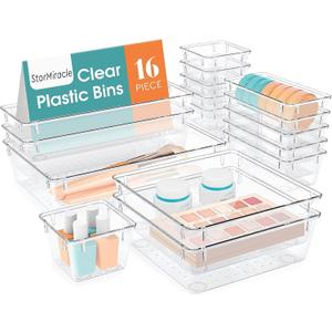 16 PCS Drawer Organizer Set, 5 Varied Size Bathroom and kitchen Drawer cabinet organizer Trays, Clear Storage Bins for Makeup, Jewelry, Utensils and Gadgets