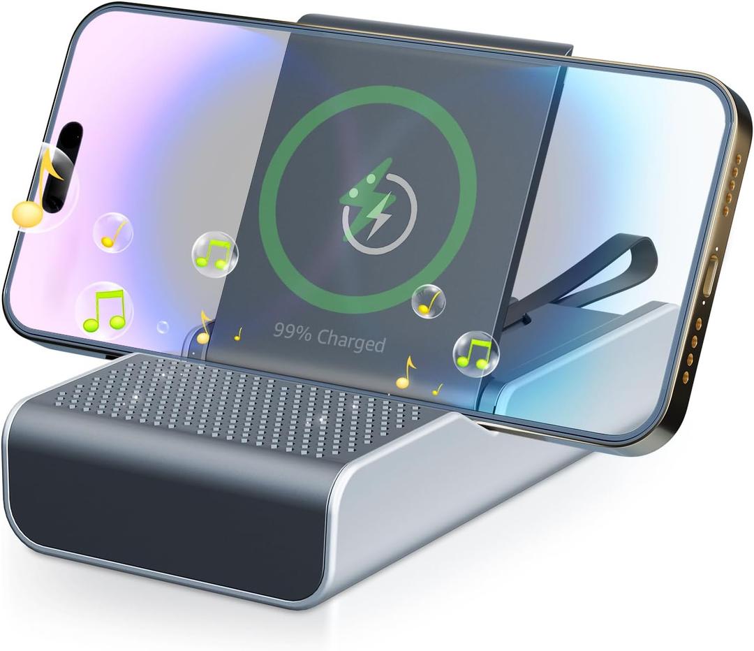 FUYO Cell Phone Stand with Wireless Speaker, 5000mAh Magnetic Power Bank Bracket with Typ-C Cable and TF Card Player for Desk Compatible with iPhone/ipad/Android/Samsung, Gifts for Men Women