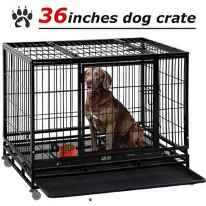 Large Dog Crate Dog Cage Dog Kennel Heavy Duty 48/36 Inches Pet Playpen for Training Indoor Outdoor with Plastic Tray Double Doors & Locks Design