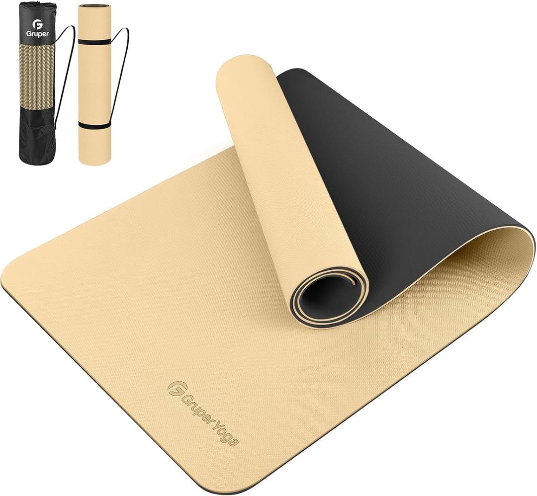 Gruper Yoga Mat Non Slip, 72"L x 24"W x 0.24"/0.32"TH, Anti-Tear Exercise Mat with Carrying Strap and Bag, Pro TPE Yoga Mats for Women, Workout Mats for Home, Pilates and Floor Exercises, Beige & Black