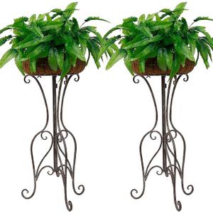 Solution4Patio 2 Pack Retro Metal Plant Stand Basket with Coconut Liner, Foldable 30" Height Tall Stand Plant Holder Shelf, Outdoor Elegant Corner Decorative Display Flower Rack