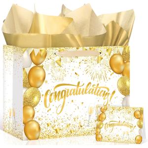 White Gold Graduation Gift Bag Class of 2026 Graduation Party Supplies Congratulations Gift Bag with Wrapping Paper and Card Congrats Grad Wrapping Paper Bag for Senior Junior College Graduates