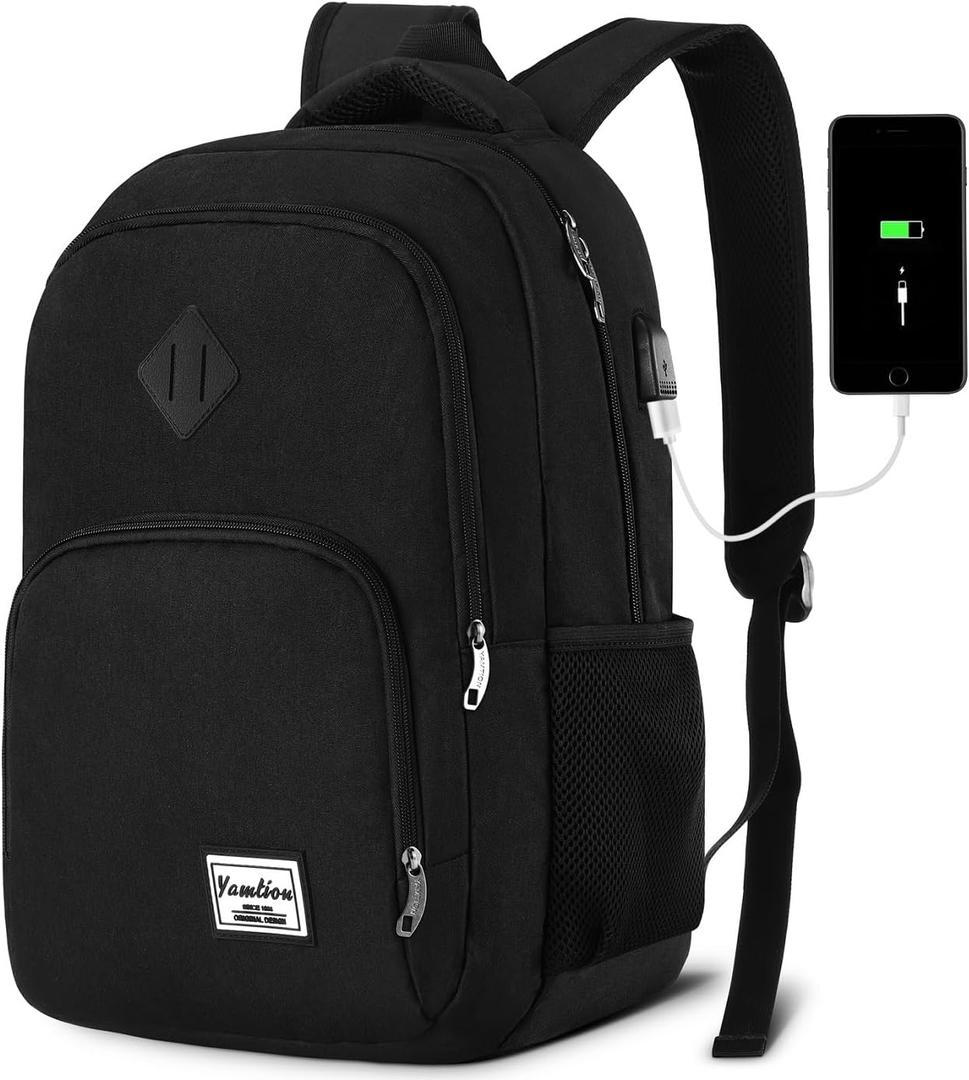 YAMTION Backpack for Men and Women,School Backpack for Teenager,15.6 inch Laptop Bookbag with USB Charging port for Business Work College Travel Trip (Black)