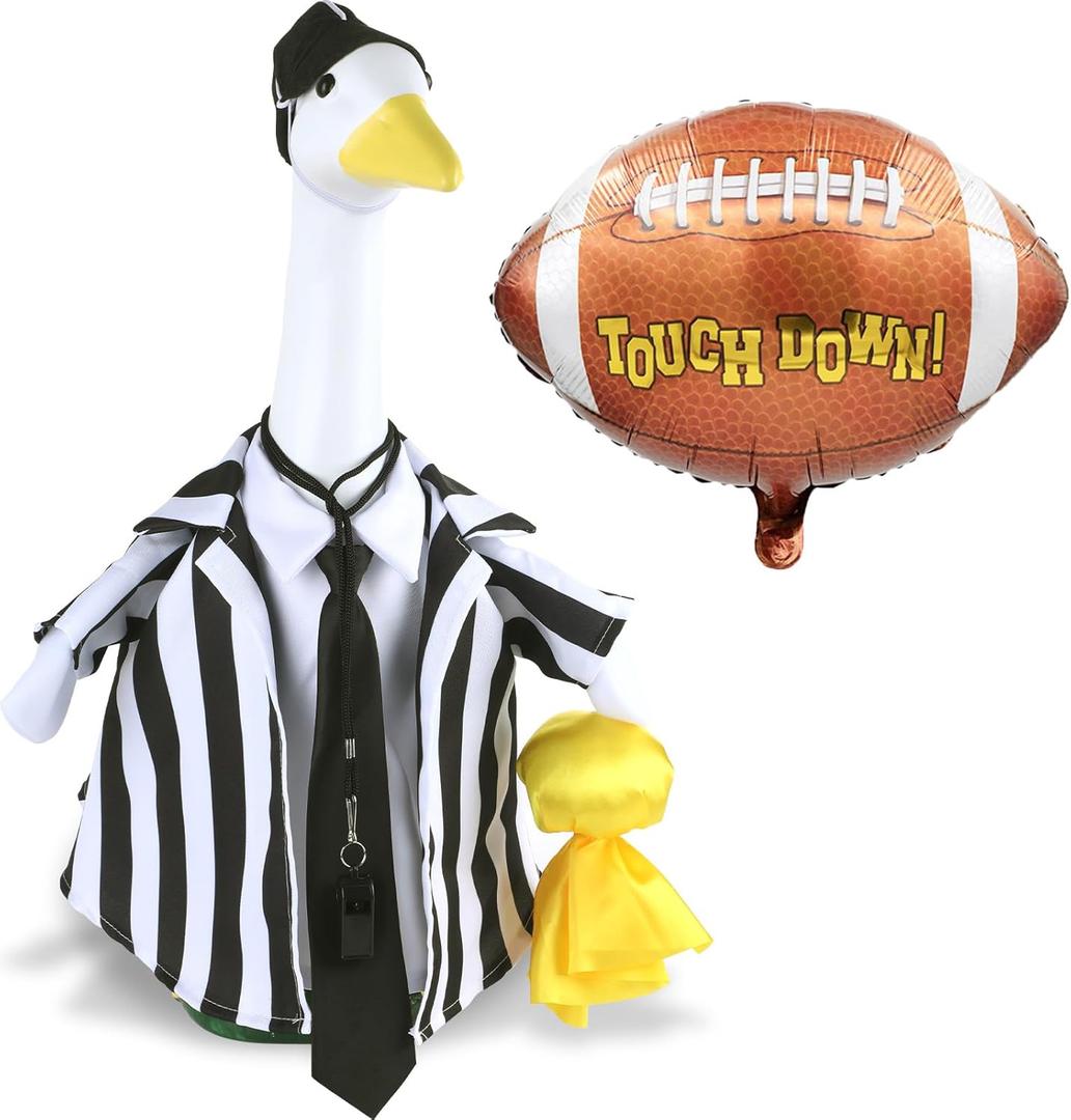 6 Pcs/Set Referee Porch Goose Outfit Lawn Goose Costume 23Inch Cement Statue Clothes with Football Balloon Referee Shirt Tie Hat Whistle Penalty Flag for Garden Yard Patio Sport Season Outdoor Decor