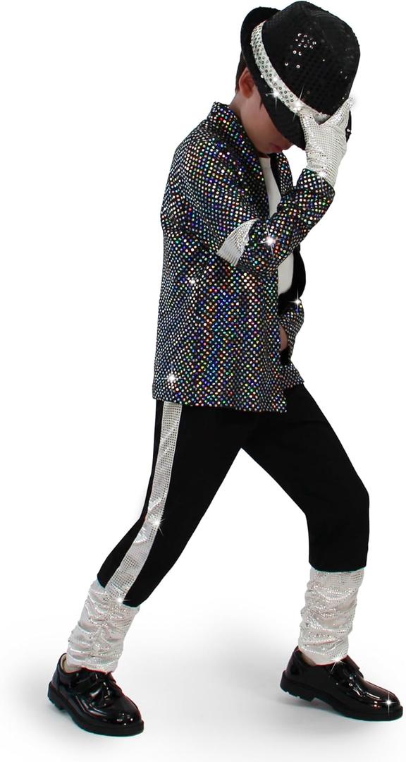 Disco Costume Kids 80s Sequin Pop King Dance Star Halloween Party Cosplay Outfit for Boys (Kids-S(Height:41-47Inch), Black)