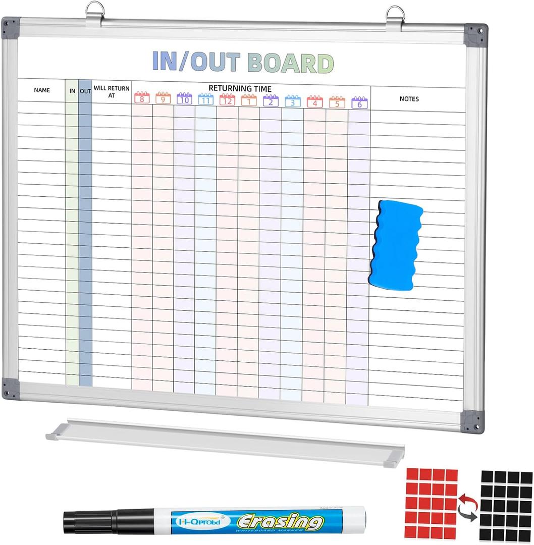in and Out Calendar Dry Erase Board for Wall with 20 Magnetic Blocks, in/Out Planner for Office Staff Schedule L:24x18