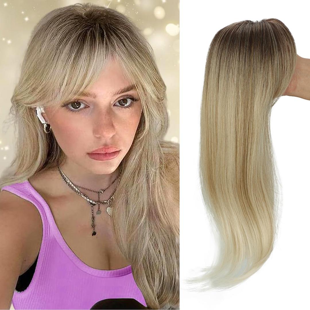 Hair Topper Clip in Bangs 3D 360 Cover Hair Topper with Bangs for Women, 18 Inch Fluffy Mini Toppers Hair Fringe Clip in Hair Pieces for Daily Use (RT6 12 613A)