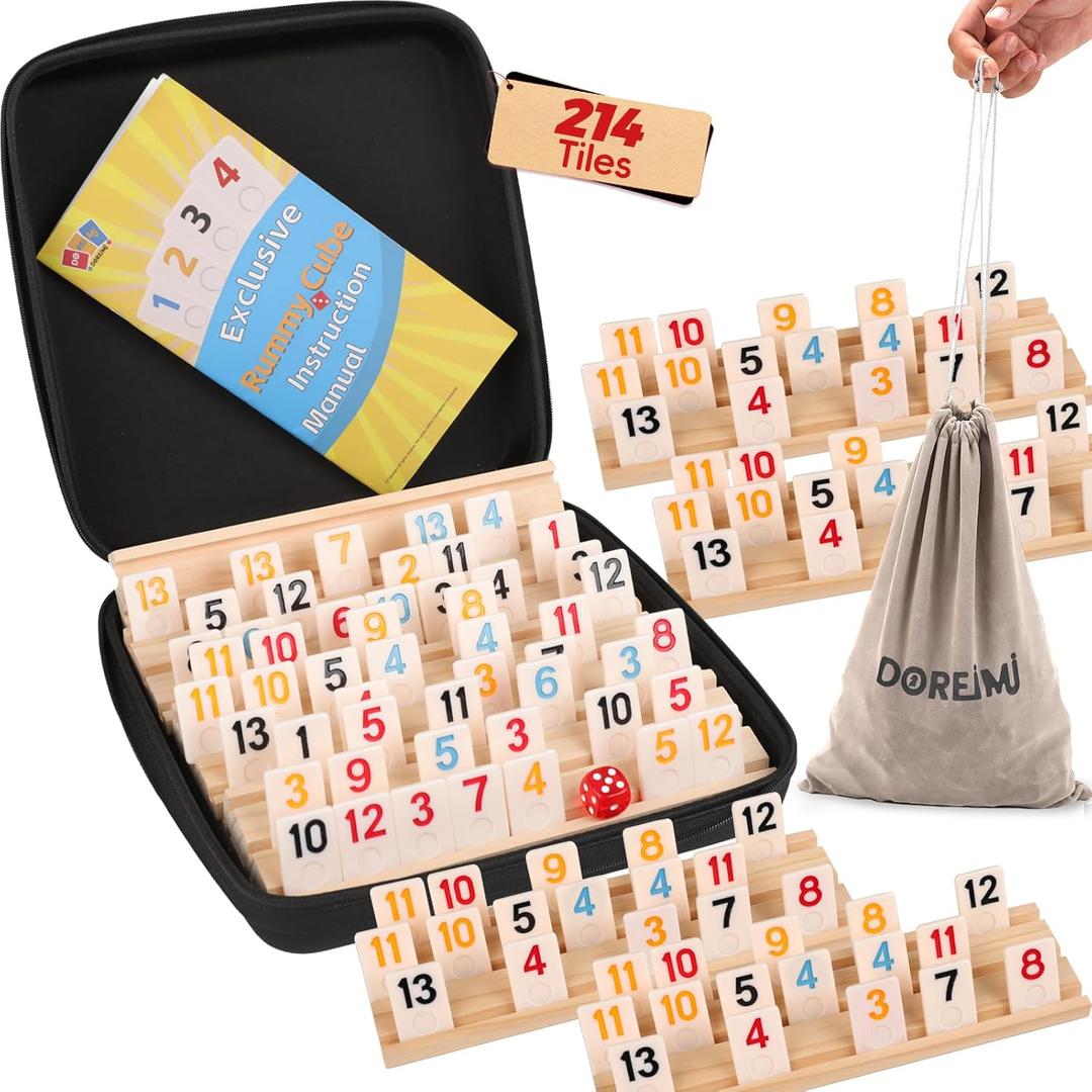Doreimi Non-Transparent Rummy Cube Game Set 6-8 Players 2026 New - 214 Tiles, 8 Anti-Slip Wooden Racks/Trays, Dual Storage Travel Board Game for Adults Kids, Gift for Grandparents Family Game Night