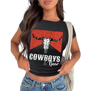 Cowgirl Cropped Shirt for Women Country Concert Vintage Graphic Tee Western Cowboy Rodeo Crop Tops (Small, Black)
