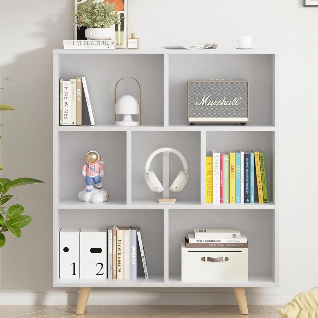 Vongrasig 7 Cube Bookshelf, 3 Tier Mid-Century Modern Bookcase with Legs, Wooden Bookshelf Storage Organizer Display Bookcase for Bedroom, Living Room, Office, White