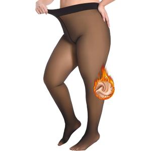 MANZI Women's Plus size Fleece Lined Faux Sheer Black Warm Tights Winter Thick Thermal Pantyhose Fake Translucent Stockings (X-Large-XX-Large)