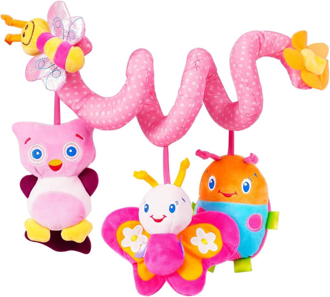 Jollybaby Crib Stroller Car Seat Toys for Baby 0-3-6-9-12 Months, Tummy Time Hanging Sensory Toys for Newborn with Music Box and Teether, Spiral Carseat Toy for Infant Boys Girls Gifts (13-Pink)