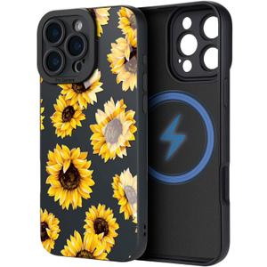 Case for iPhone 16 Pro Max [Compatible with MagSafe] Built in Magnetic Cute Girly Sleek Print Boho Aesthetic Style Design for Women Girls Flowers Floral Sunflower Soft TPU Protective Shockproof Black