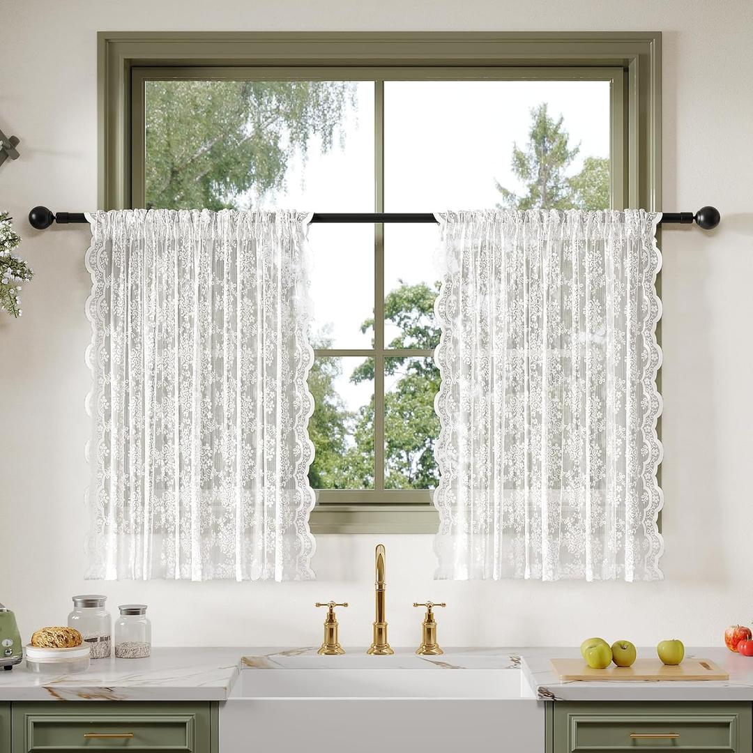 Anmao Vintage Lace Valance Kitchen Curtains 36 Inches Long 2 Panels, Semi Sheer Floral Over Sink Lacy Cafe Curtain, Elegant Window Short Small Drapes, 55W x 36L, White Plum