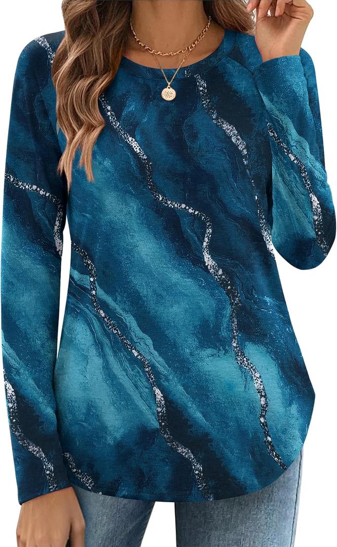 Zeagoo Long Sleeve Shirts for Women Crew Neck Casual Fall Fashion Blouses Basic Tunic Tops Dressy Work Clothes (Large, Floral Green-cx287)