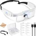 JARLINK Magnifying Glass with Light, Magnifying Glasses with 5 Lenses 0.75-4.0X and 3 LED Lights, Rechargeable Headset Magnifying Glasses for Close Work, Crafts, Reading, Jewelry and Model Makers (White)