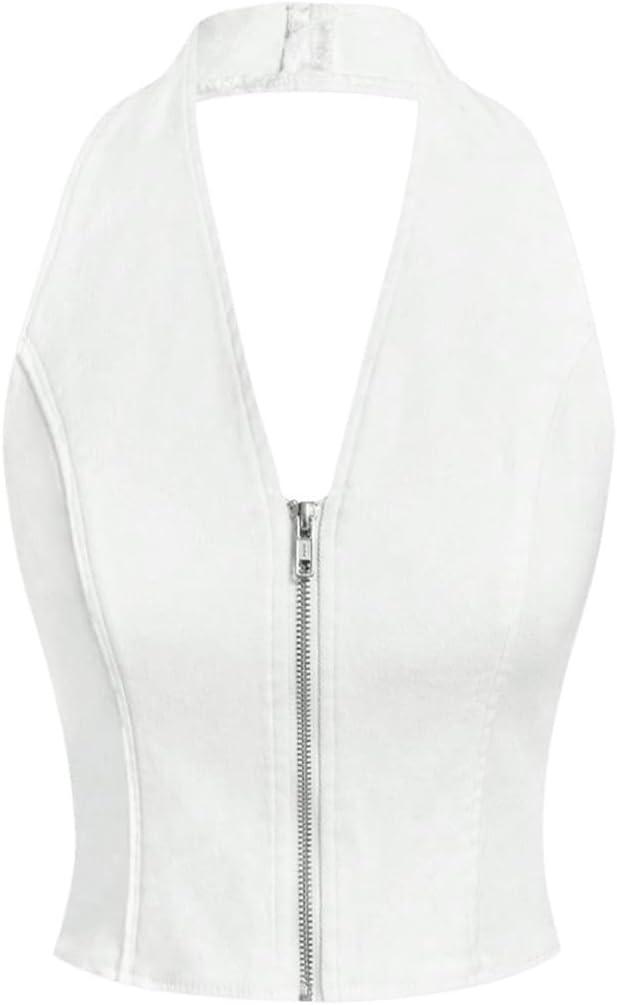 Floerns Women's Y2k Sleeveless Halter Tops Zipper Up V Neck Crop Denim Top (White)