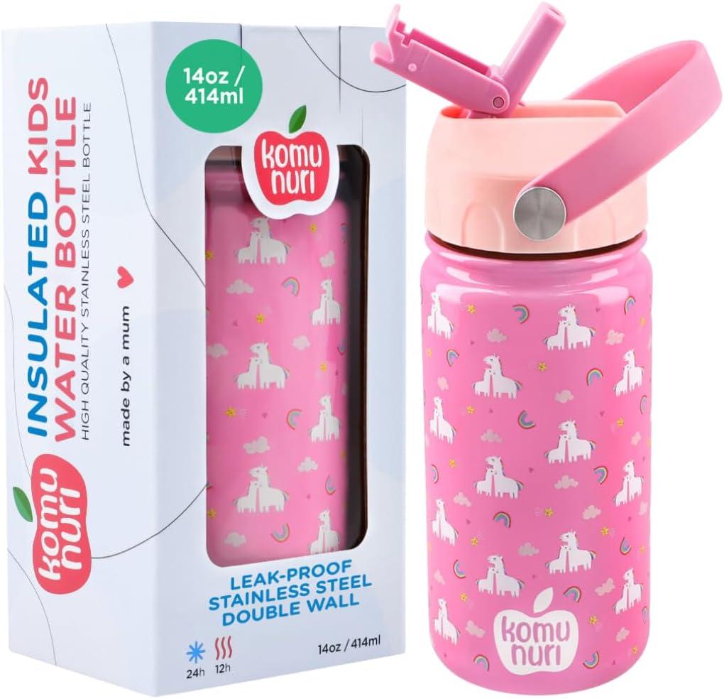 KOMUNURI Stainless Steel Leak Proof Kids Water Bottle with Straw & Lid 14oz - Insulated Spill Proof Water Bottle for Boy, Cold 24 Hour Toddler Girls Water Bottles for School (Pink - Unicorn-Rainbow)