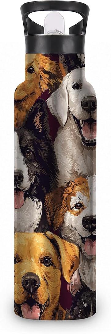 Cute Dog Insulated Water Bottle with Straw 20 oz,Pet Faces Stainless Steel Leak Resistant Double Wall Water Bottles with Handle for Gym Sports Travel Outdoor