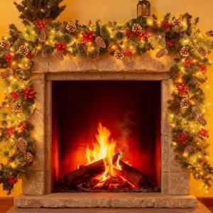 Christmas Garland with Lights 9FT 100LED Artificial Cedar Cypress Garland with Pine Cones Red Berry Christmas Decoration for Indoor Outdoor Home Mantel Fireplace Wall Holiday (Warm White)