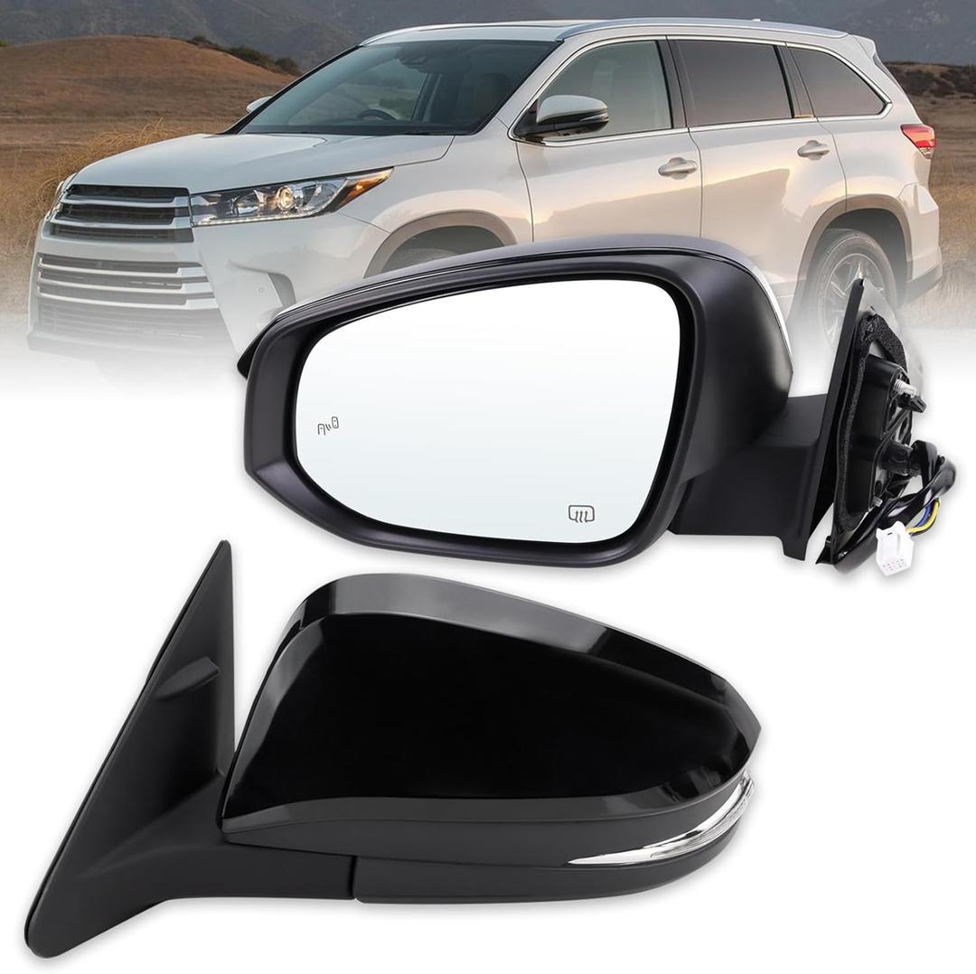 Left Driver Side Mirror Compatible With 2014-2019 Toyota Highlander With Manual Folding Power Glass Heated Turn Signal Blind Spot Black Replaces #87940-0E272 TO1320361 (7Pins)