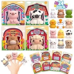 AuroTops 24 Pack Farm Animal Finger Puppets with Unique Cards, Valentine Party Favors for Boys & Girls, Kids Exchange Valentine's Gifts