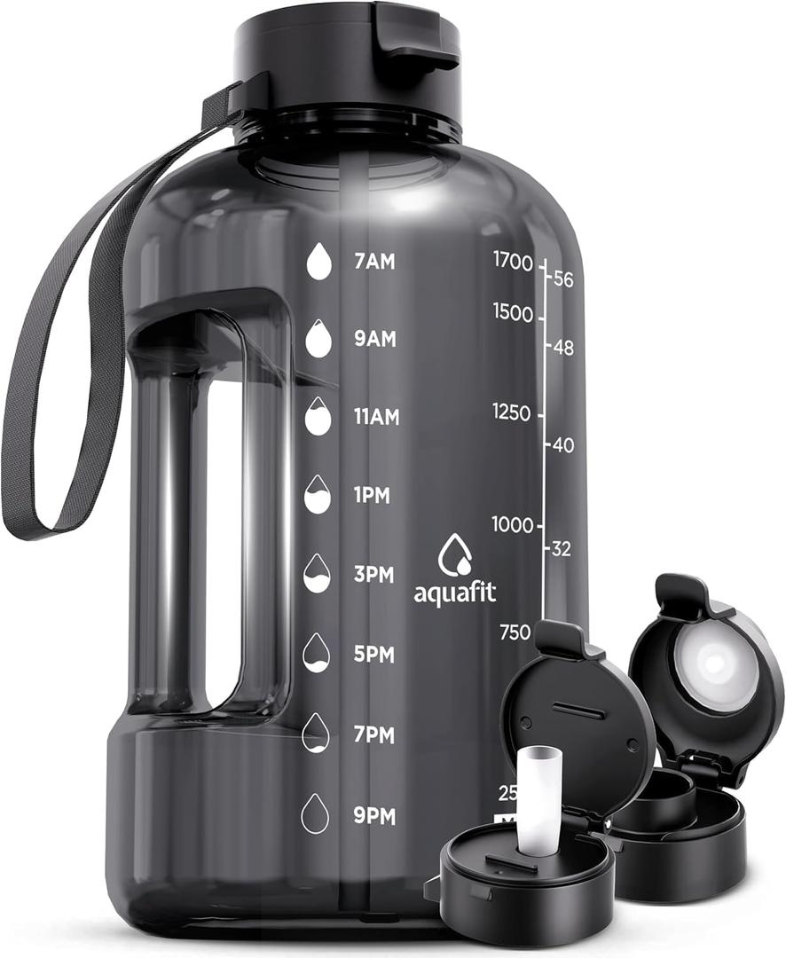 AQUAFIT 64 oz Water Bottle with Time Marker - Straw & Chug Lid - BPA Free Half Gallon Gym Water Bottle with Handle - Big Gallon Jug (Gray, 64 Ounces)