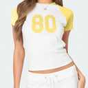 BAIGRAM Women Colorblock Raglan Short Sleeve 80 Letter Graphic Crop Tee Shirt Crewneck Slim Y2K Aesthetic Preppy Summer Tops Yellow (White, S)