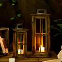 TIMRIS Large Farmhouse Wooden Metal Lantern Set of 2, Rustic Decorative Floor Candle Lanterns, Vintage Distressed Hanging Lanterns for Home Decor (No Glass)