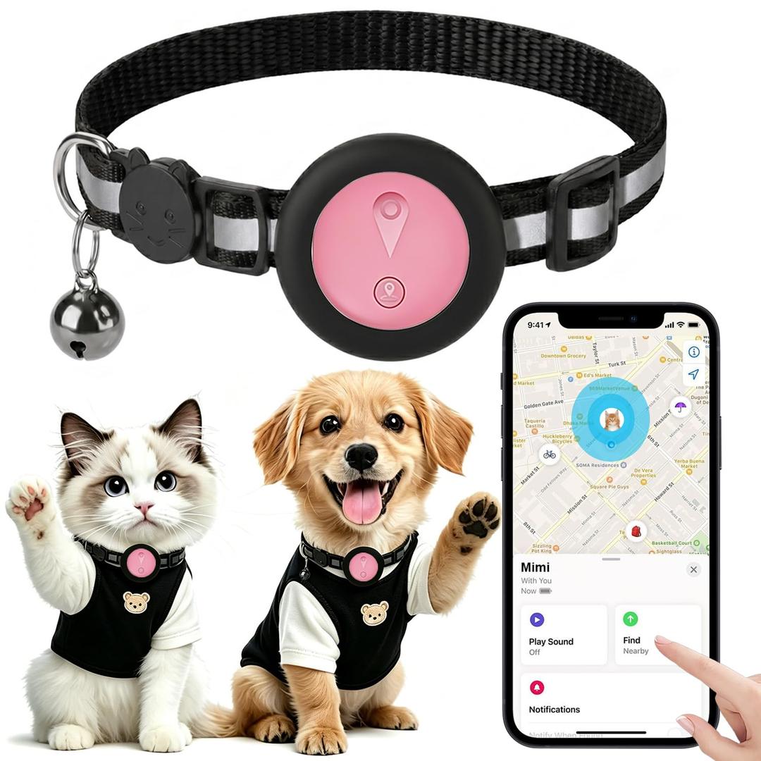 GPS Tracker for Cats & Dogs,Smart Collar Location Trackers,Works with iOS Find My,No Subscription or Monthly Fee,IP67 Waterproof Real-Time Global Tracking Anti-Lost GPS Device for Pets-Pink
