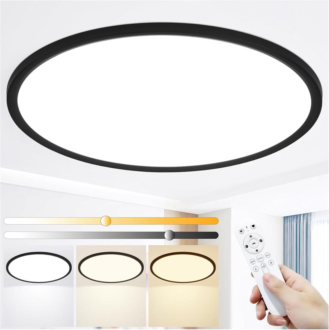 24 Inch LED Flush Mount Ceiling Light with Remote, 56W 5600LM, Dimmable 3000K-6000K, Ultra-Thin Modern Round Light Fixture, Black, Memory & Night Light Mode for Bedroom, Kitchen, Living Room