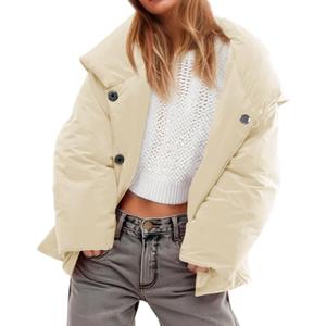 Tankaneo Womens Cropped Puffer Coat Hoodies Oversized Lightweight Winter Jacket Warm Long Sleeve Outerwear (Large, Beige)