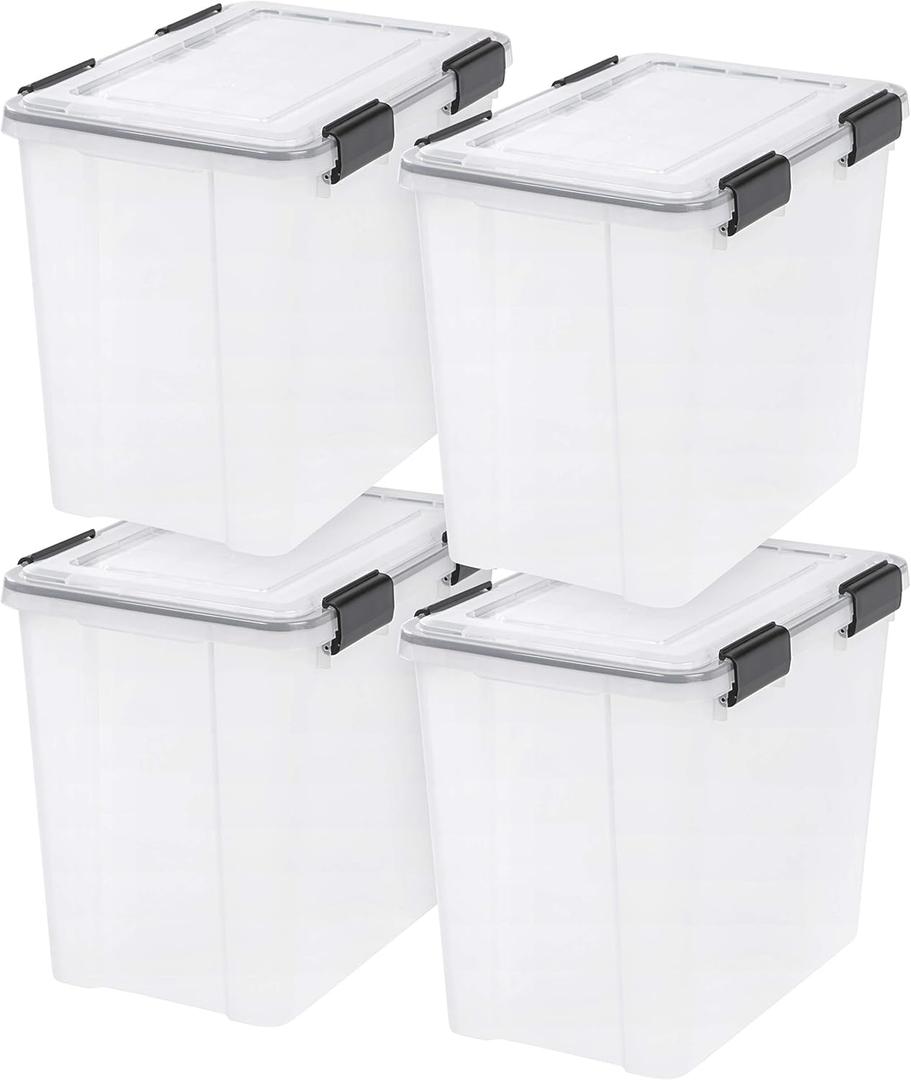 IRIS USA WeatherPro 32 Qt Storage Bins with Lids, 4 Pack, BPA-Free Plastic Gasket Box with Tight Latch and Seal, Stackable Nestable Tote Tub - Clear/ Black