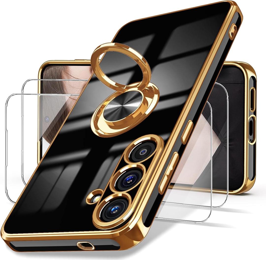 Dretal for Samsung Galaxy S25 FE 5G Case, Screen Protector, 360° Rotatable Ring Holder Magnetic Kickstand, Plated Gold Edge Slim Soft TPU Protective Phone Case Cover for Galaxy S25 FE (Black)