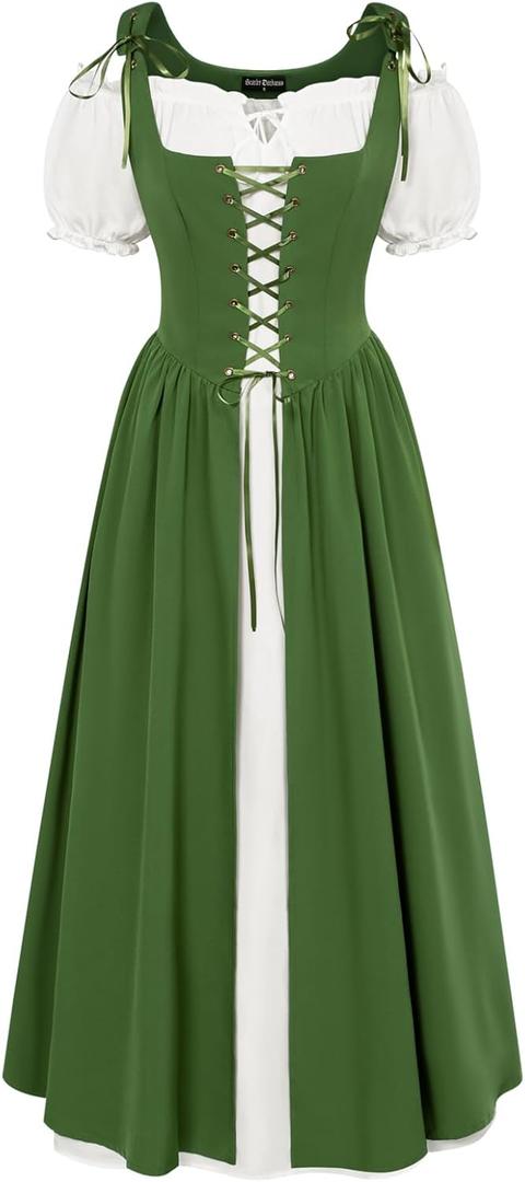 SCARLET DARKNESS Renaissance Costume Women Peasant Medieval Dress Short Sleeve Maxi Fairy Dresses with Pockets (Small, Green)